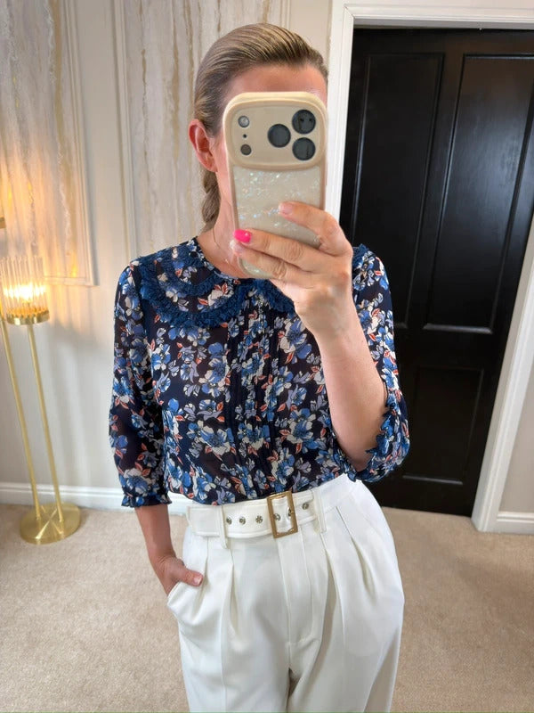 River Island Semi Sheer Blue Floral Lace Collared Blouse 12