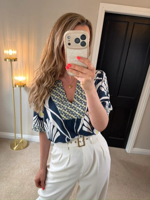 White Stuff Navy Linen Blend Floral Blouse 12