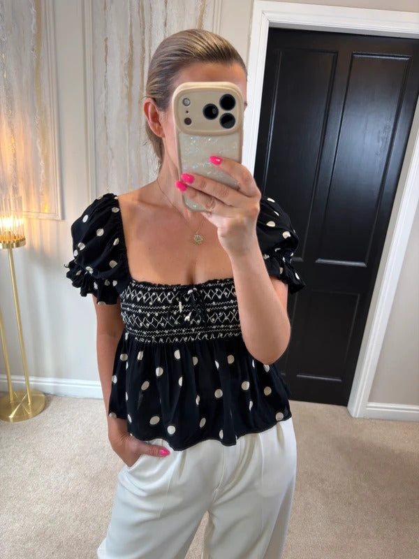River Island Black Polka Dot Boho Blouse XS