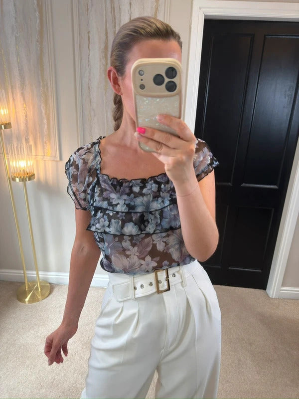Y2K Sheer Floral Long Blouse Small