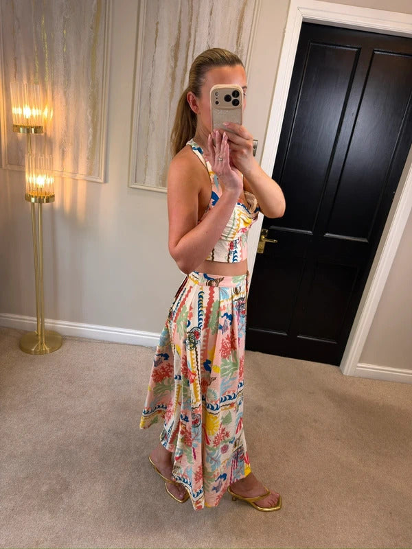 Zara Multicoloured Patchwork Print Skirt & Top Co Ord Large BNWT