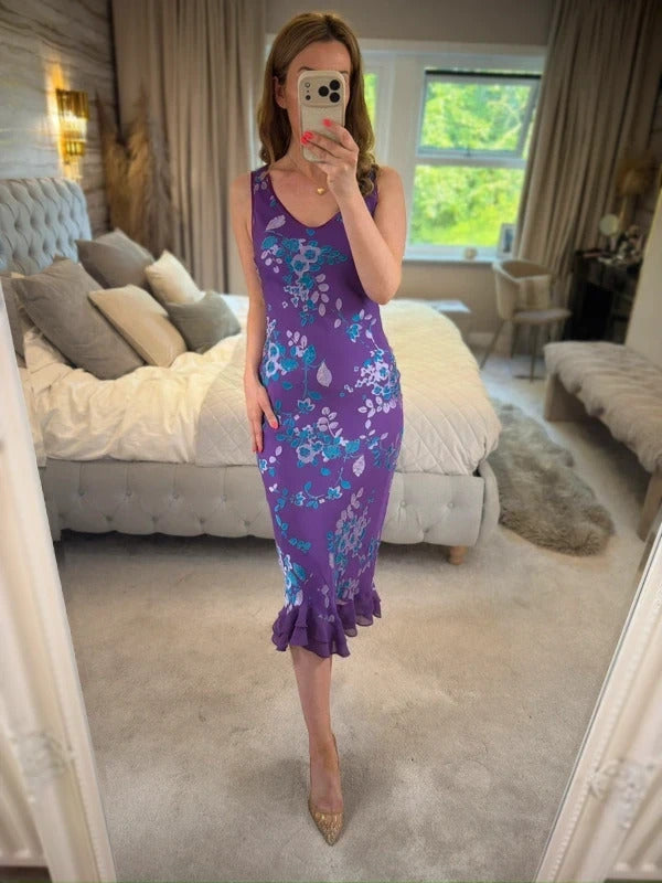 Vintage Monsoon Purple Floral Silk Devore Midi Dress 10/12