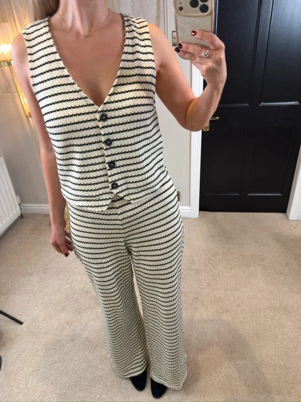 Mango Black & Cream Stripe Crochet Knitted Co Ord Set M/L