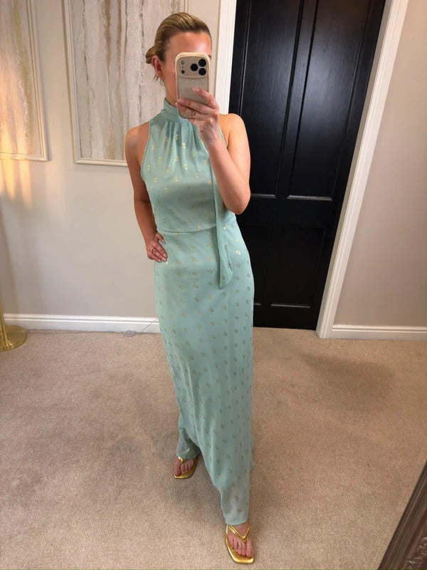 BNWT Jodie Moi Mint Green & Gold Tie Neck Maxi 10