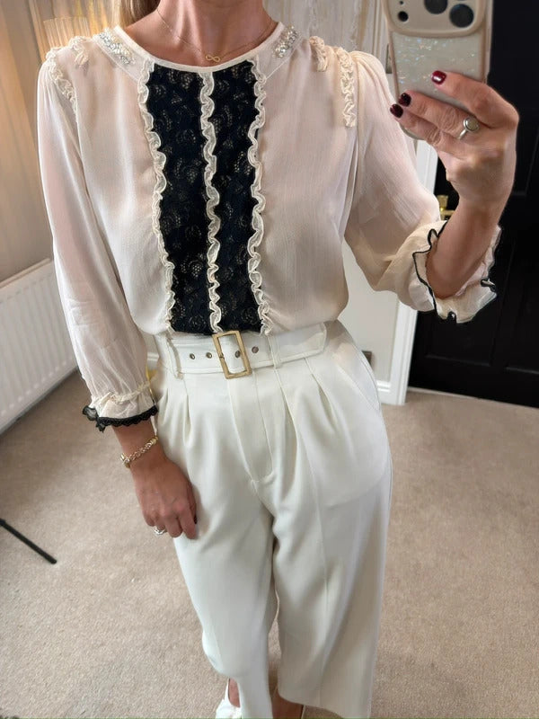 River Island Cream & Black Lace Frill Embellished Blouse 14