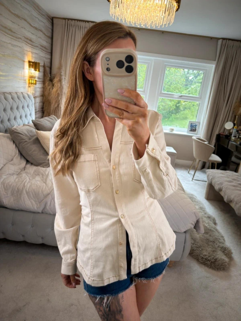 Zara Cream Denim Fitted Shirt Large