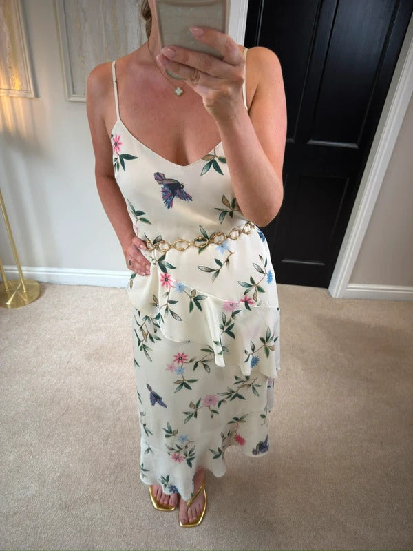 M&S White Floral & Bird Layered Midi Slip Dress 10