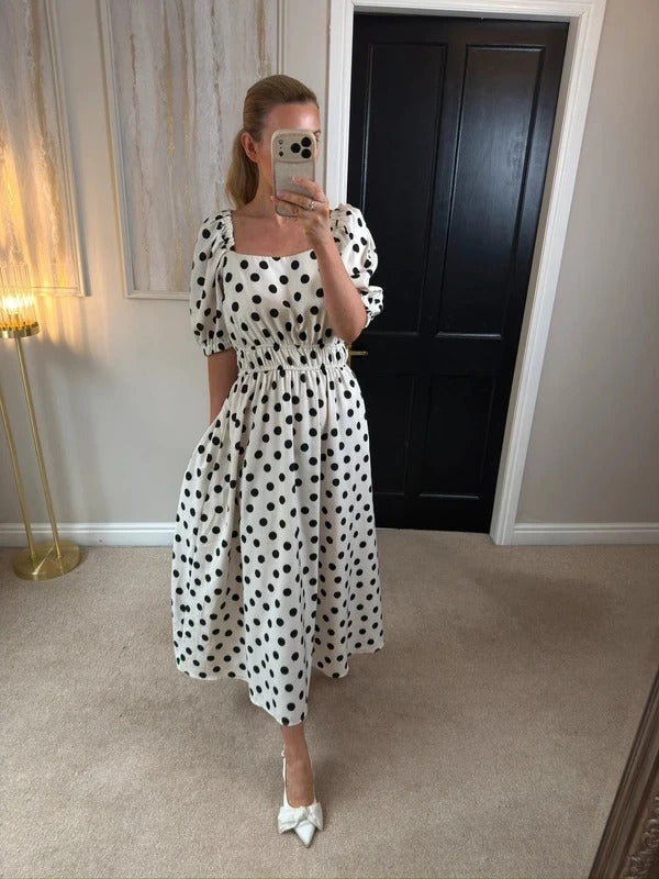 Flounce London Off White & Black Polka Dot Midi Dress 14