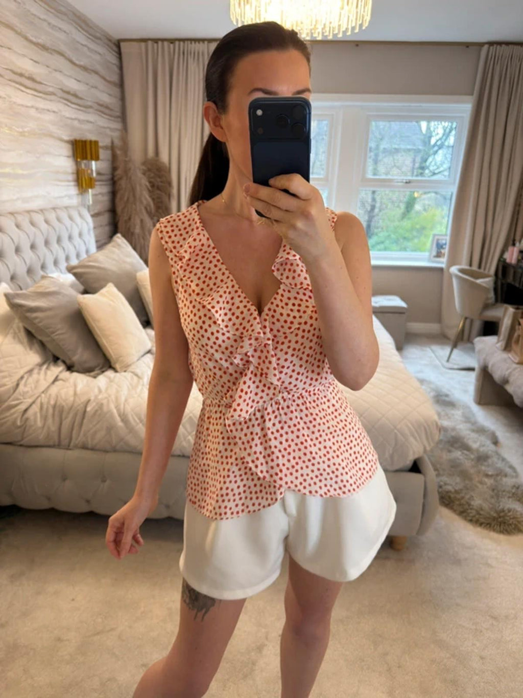 Max Studio Cream & Red Polka Dot Frill Blouse XS