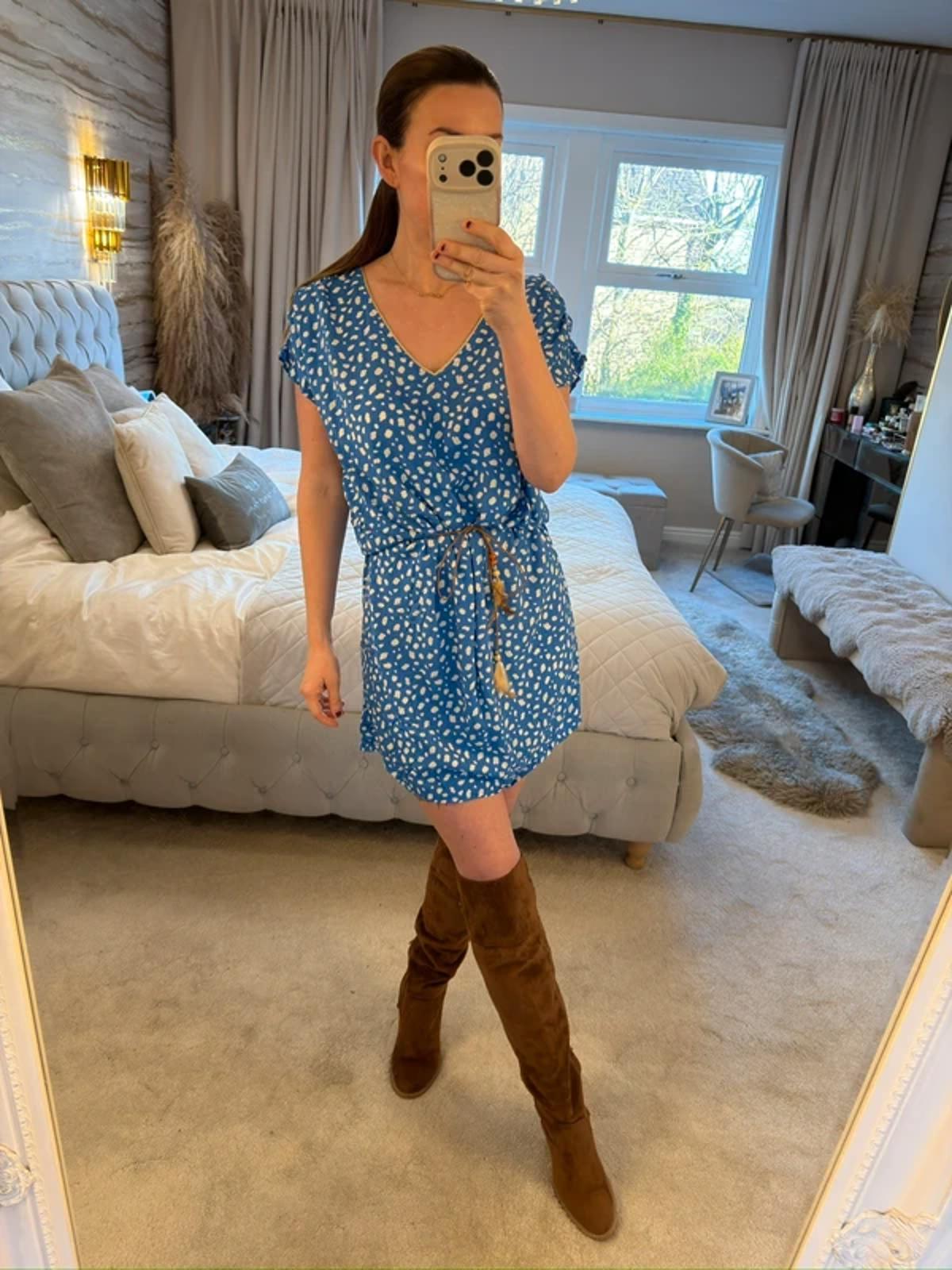 GOA Blue & White Boho Tie Mini Dress 10