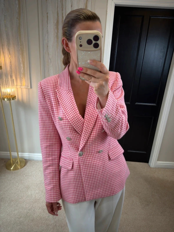Zara Pink & White Gingham Blazer Small
