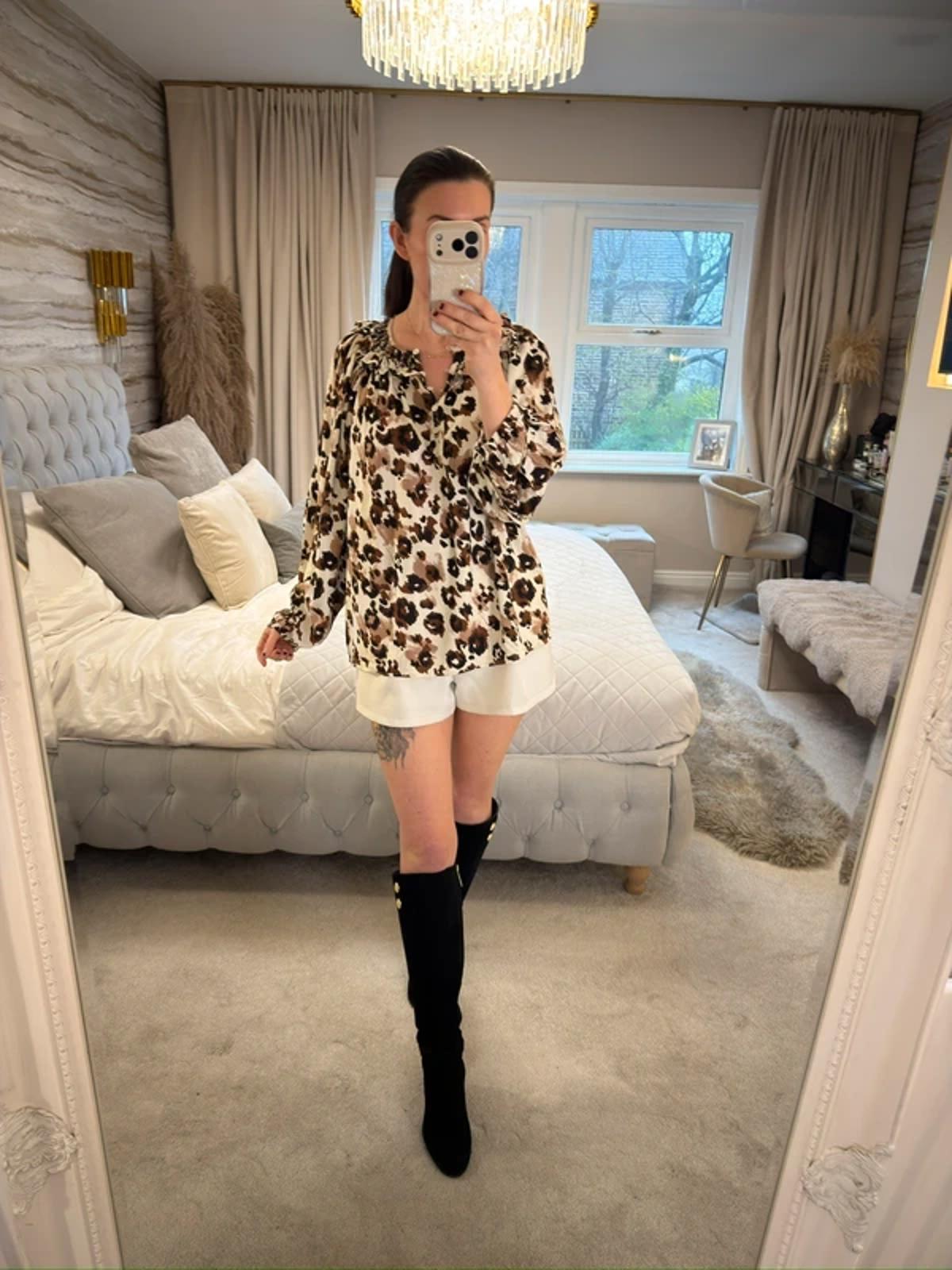 White & Brown Boho Animal Print Blouse 16