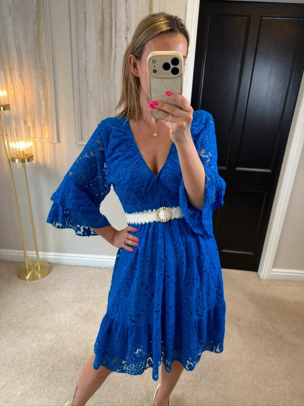 Boutique Cobalt Blue Lace Frill Dress One Size