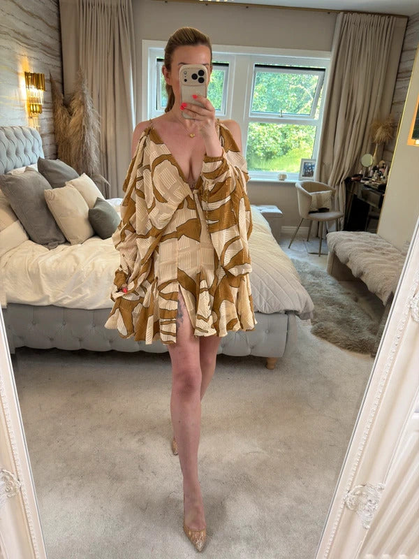 ASOS Beige & Brown Boho Gold Chain Open Back Mini Dress 10