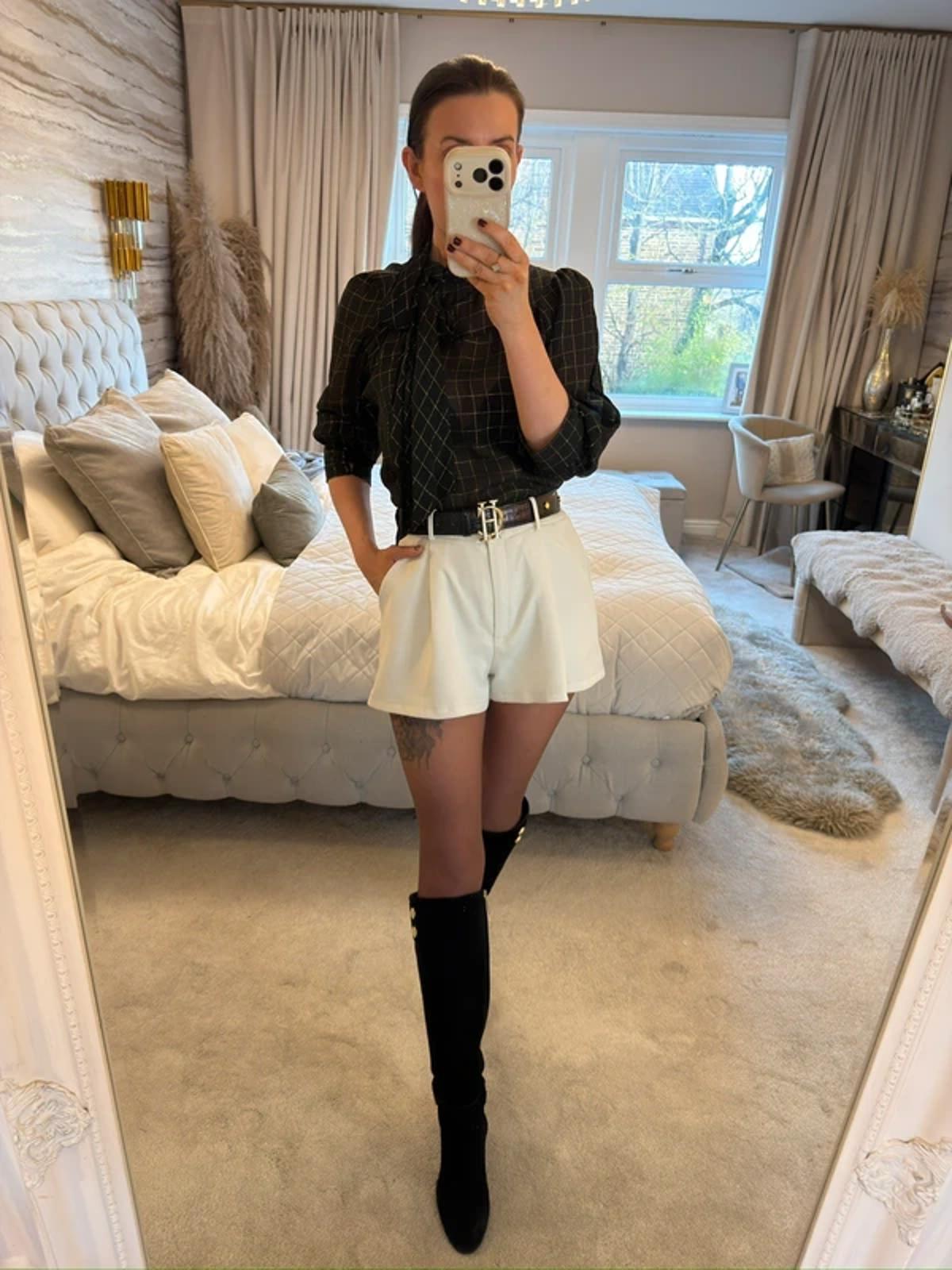 H&M Vintage Sheer Black & Gold Pussy Bow Blouse 10