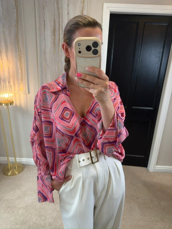 BNWT Gold & Silver Paris Pink Satin Oversized Blouse One Size