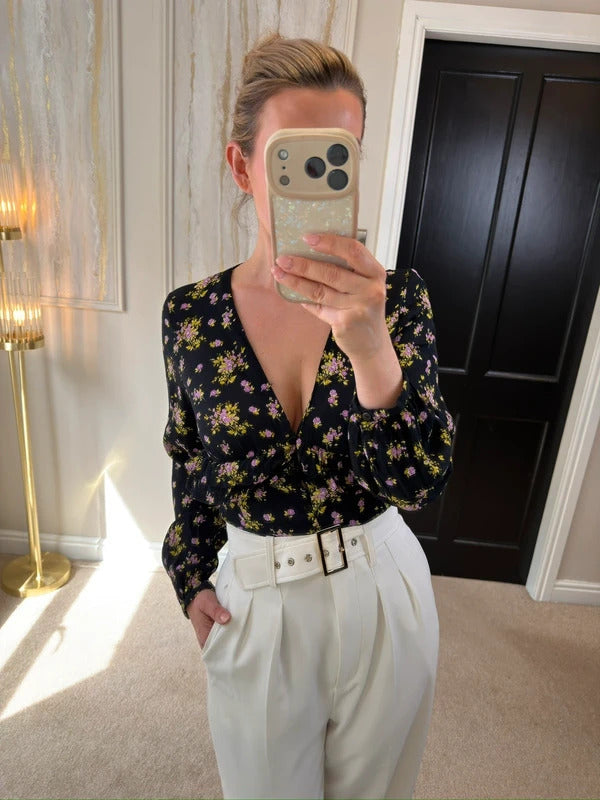 Zara Black Floral Print Frill Blouse XS