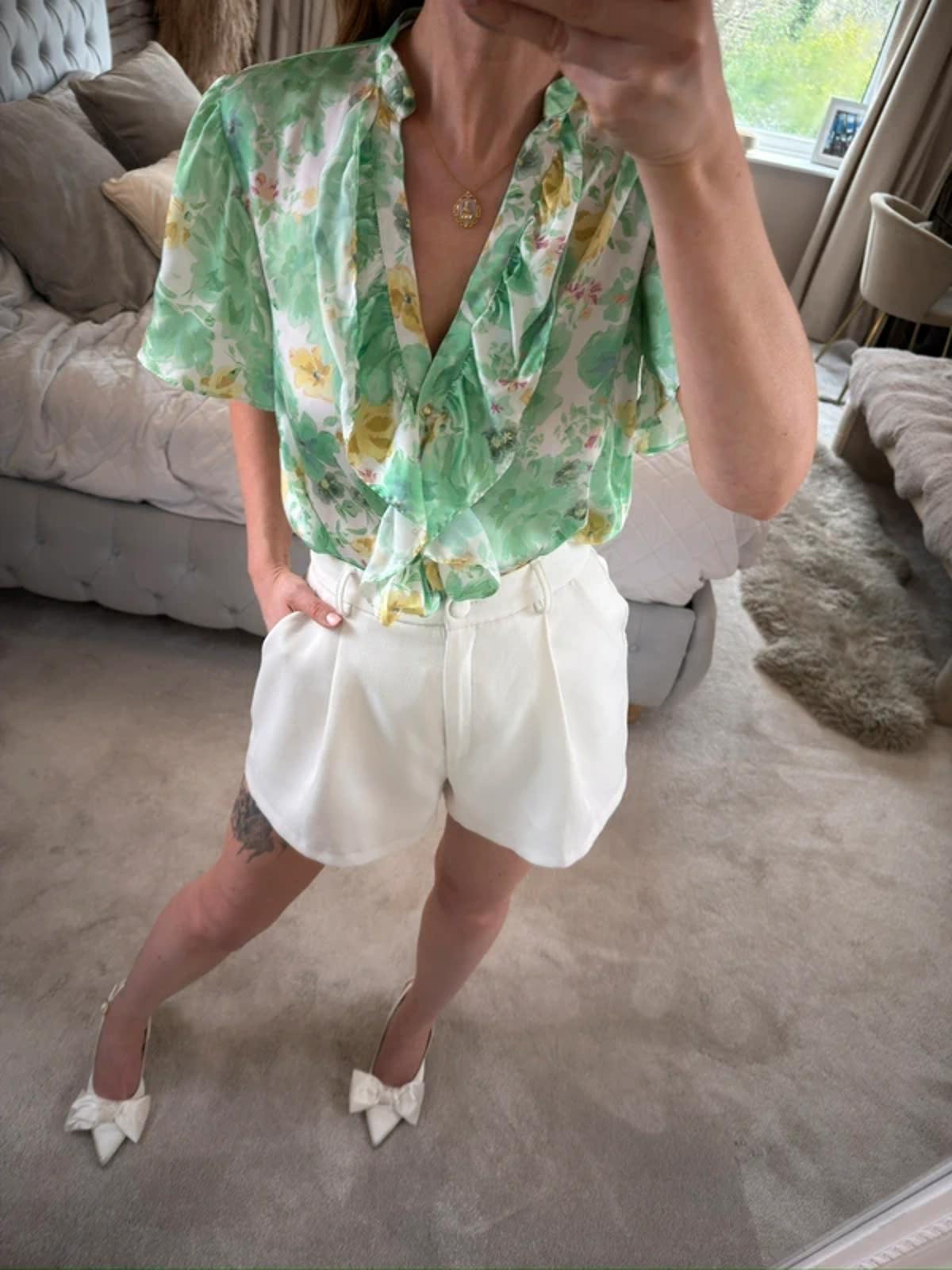 Zara Green Floral Frill Blouse Small