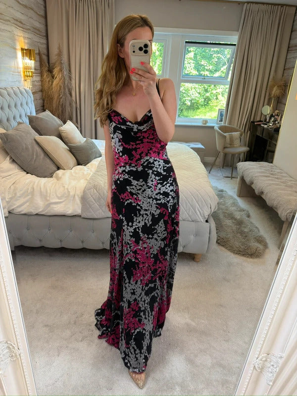 Monsoon Vintage 90s Black Floral Cowl Maxi Dress 14