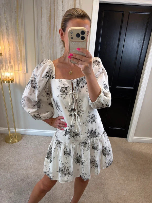 H&M White Floral Tie Front Drop Hem Dress Medium BNWT