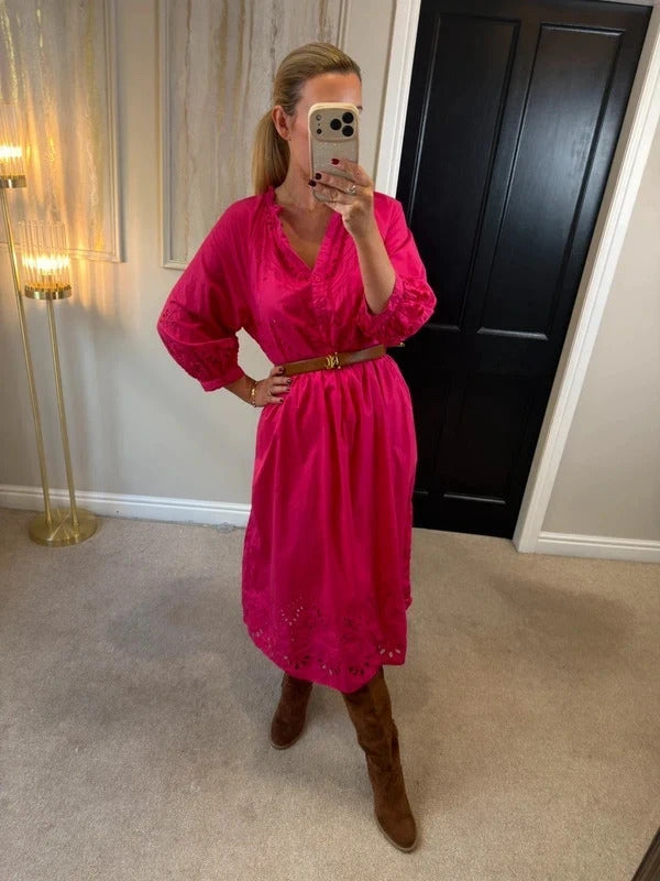 M&S Pink Broderie Anglaise Midi Dress 14