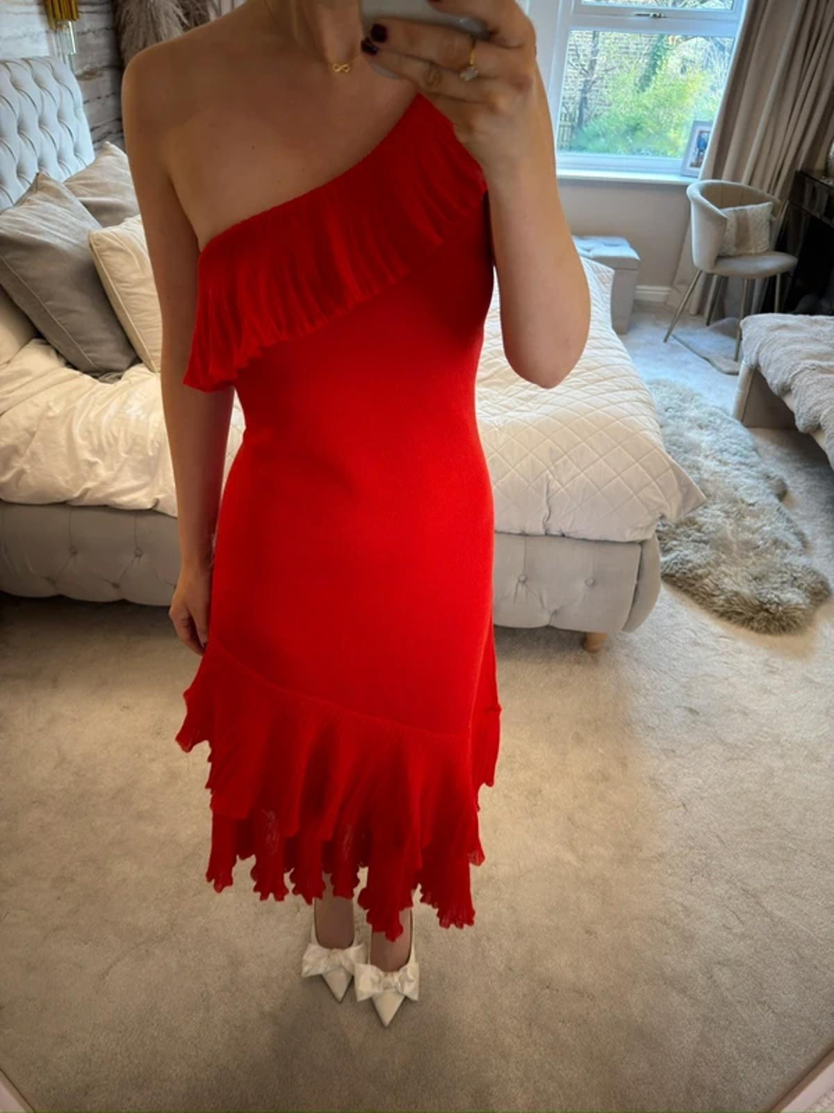 BNWT Mango Red Asymmetrical Frill Midi Dress Medium