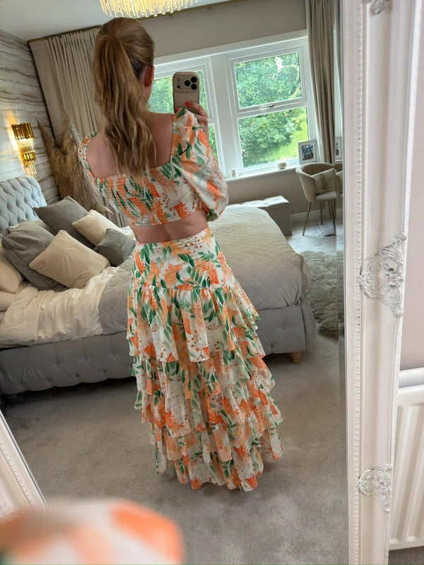 Moocci White & Orange Floral Tiered Skirt Co Ord Small