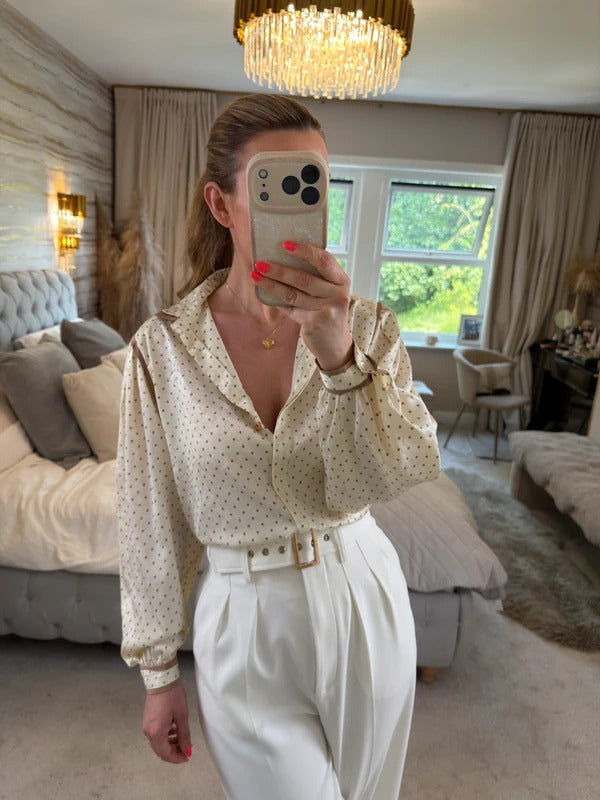Vintage Aquascutum Cream & Brown Paisley Polka Dot Blouse Medium