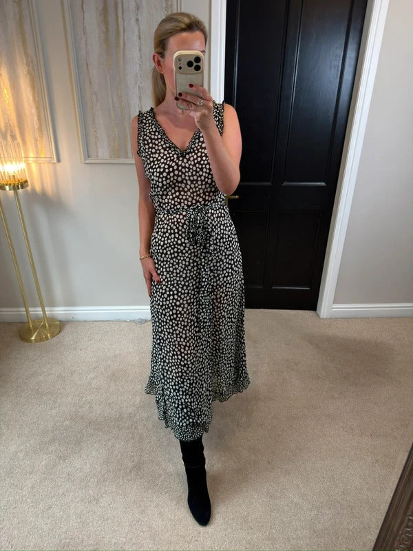 Black & White Spotty Sheer Belted Dress Medium