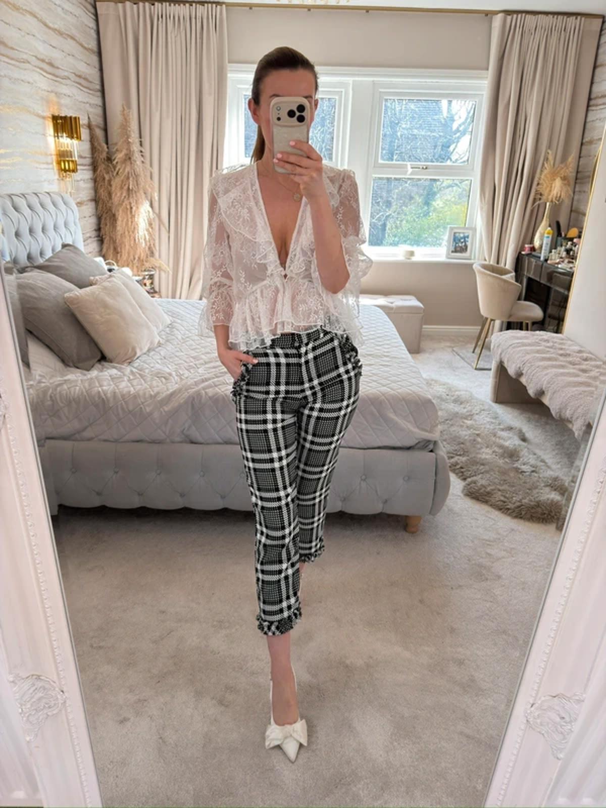 River Island Black & White Check Frill Cropped Trouser 6
