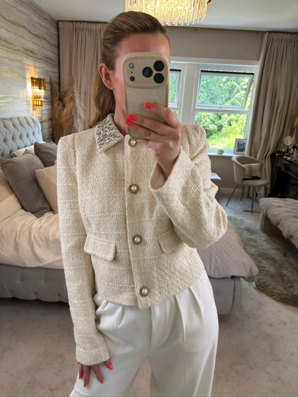 BNWT River Island Cream Embellished Tweed Blazer 12