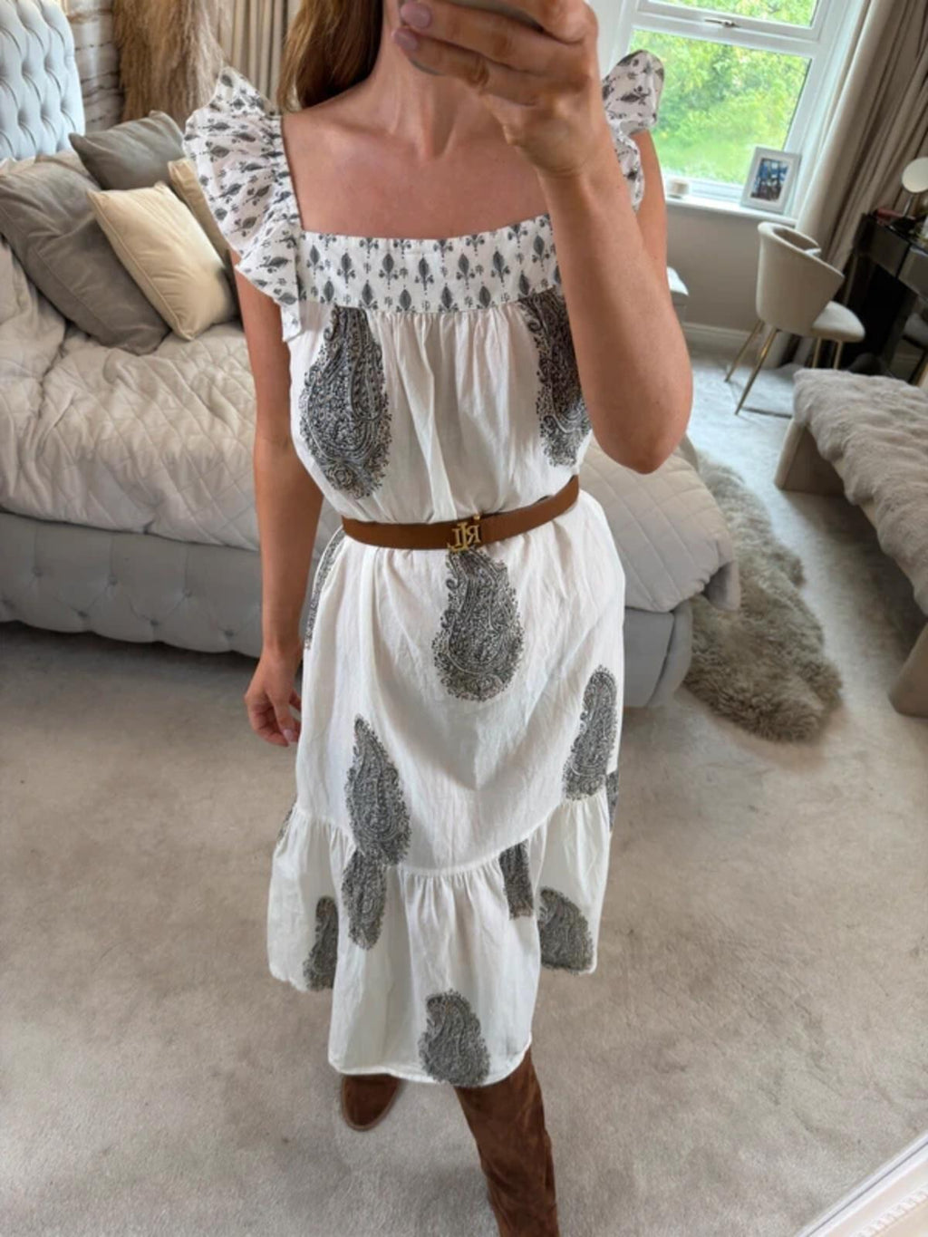 F&F White Paisley Frill Midi Dress 8/10