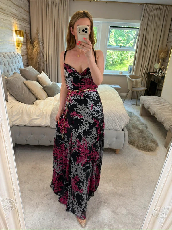 Monsoon Vintage 90s Black Floral Cowl Maxi Dress 14