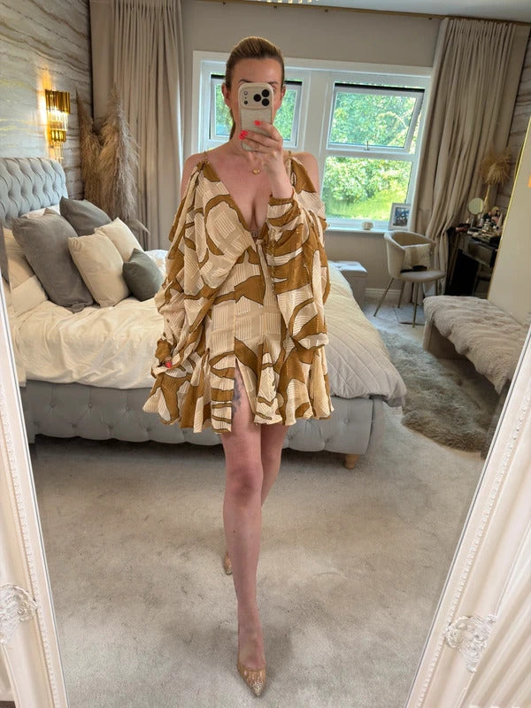 ASOS Beige & Brown Boho Gold Chain Open Back Mini Dress 10