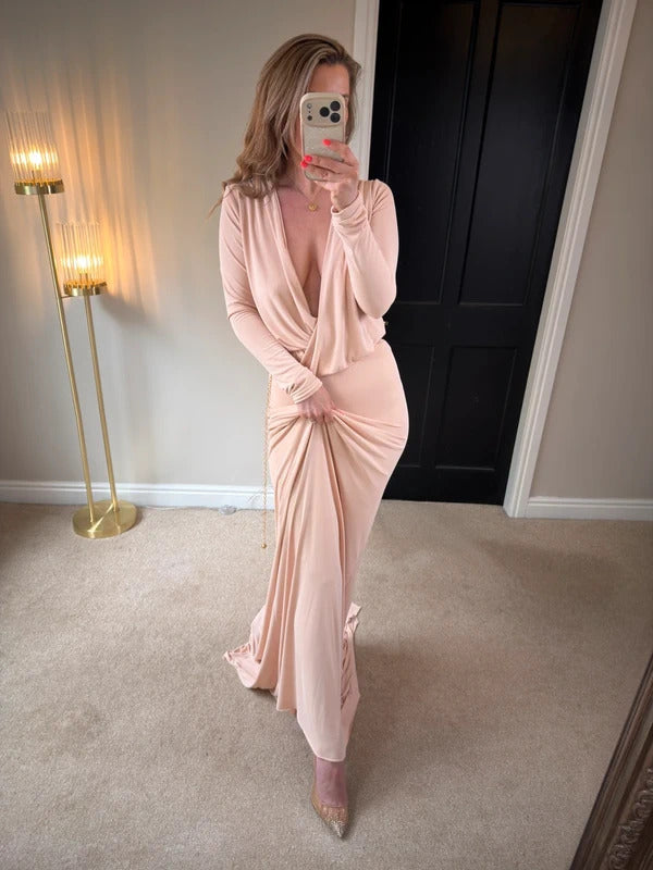 Gorgeous Couture Light Pink / Nude Plunge Dress Small