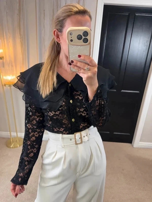 Vintage Linea G Black Lace Frill Blouse 8