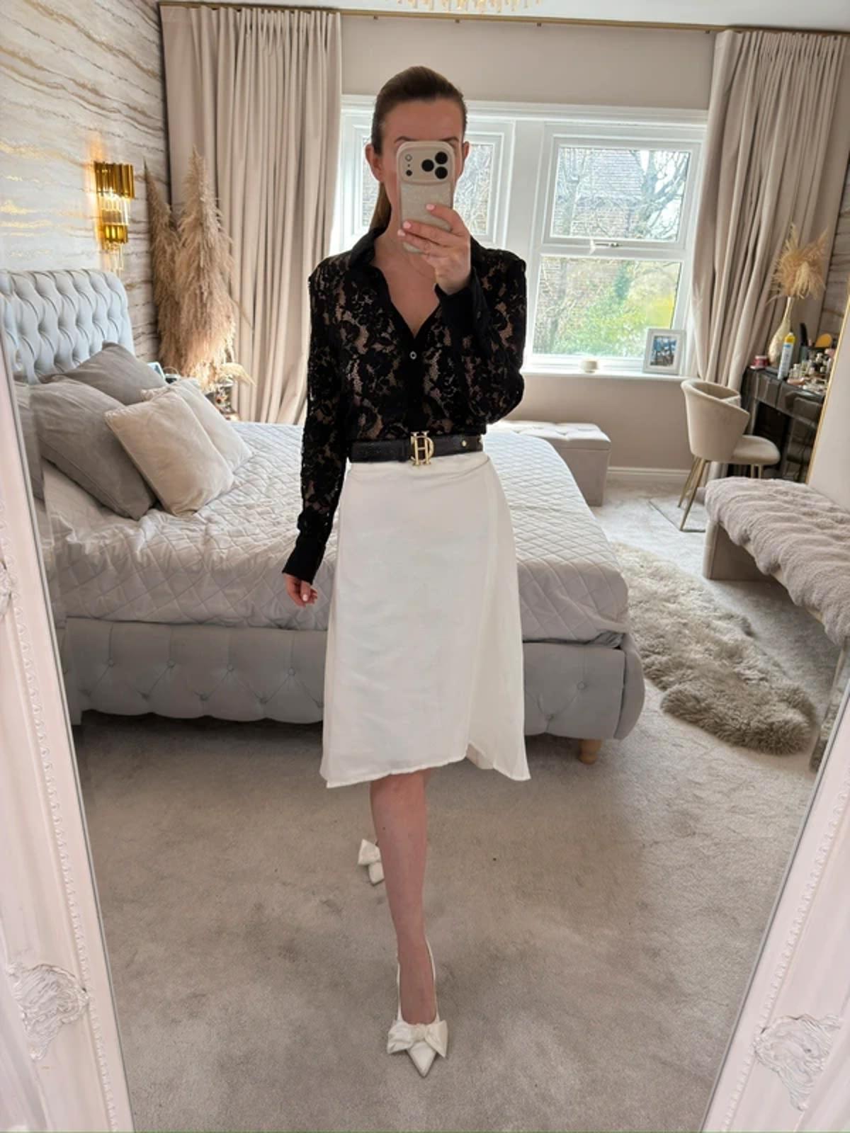 M&S White Linen Blend Dip Hem Midi Skirt 12