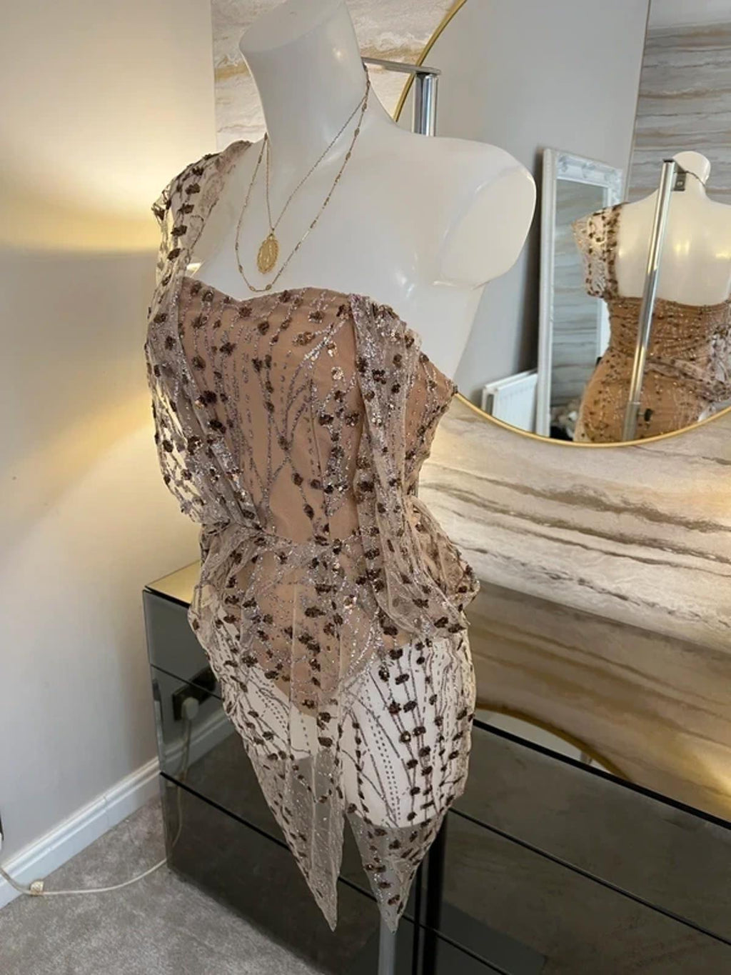 BNWT Dressmezee Nude Glitter Mesh Mini Dress Small