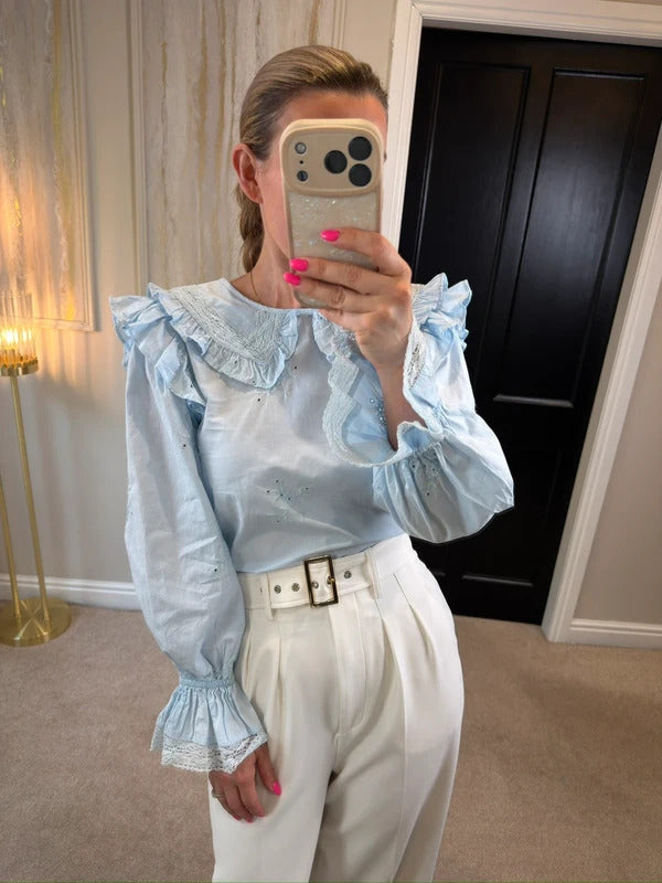 BNWT River Island Light Blue Frill Blouse Petite Size 10