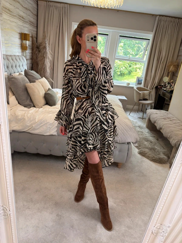 ARRI Black & Cream Sheer Dip Hem Frill Animal Print Dress 10