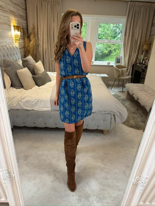 Beach Lunch Lounge Blue Tassel Boho Mini Dress XS
