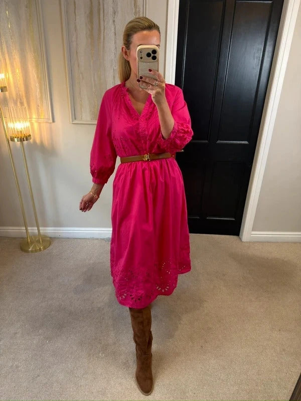 M&S Pink Broderie Anglaise Midi Dress 14