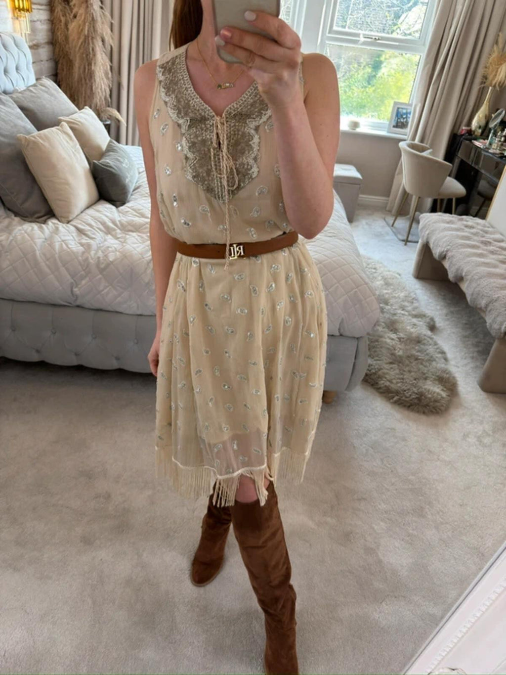⭐ Shilpavan Decor Exclusive Beige Boho Tassel Embellished Dress Medium