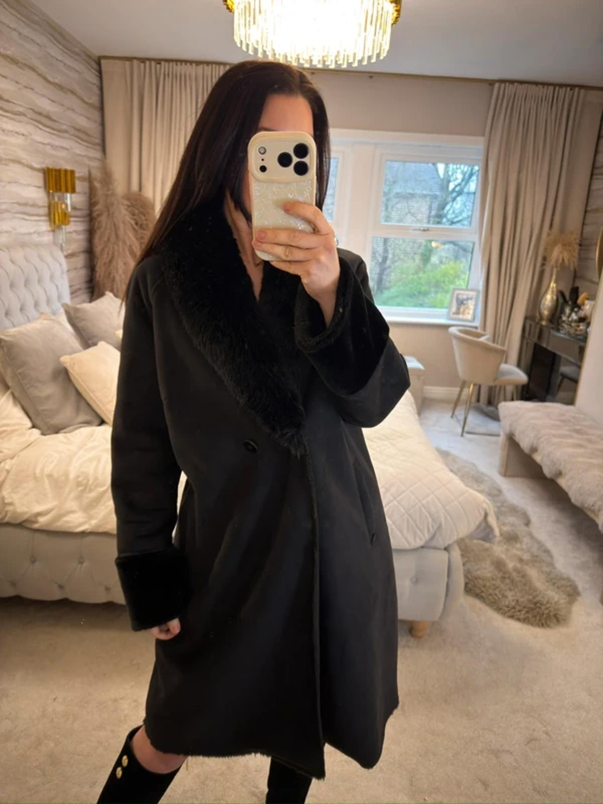Jigsaw Black Faux Fur Coat Medium