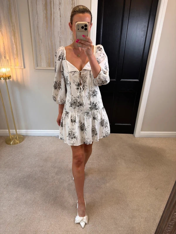 H&M White Floral Tie Front Drop Hem Dress Medium BNWT