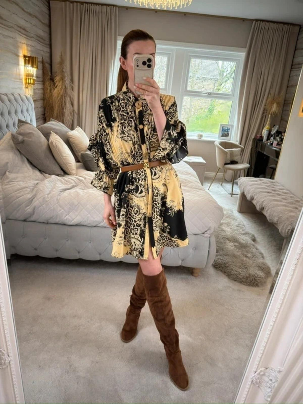 Cherry Koko Cream & Black Animal Print Shirt Dress S/M