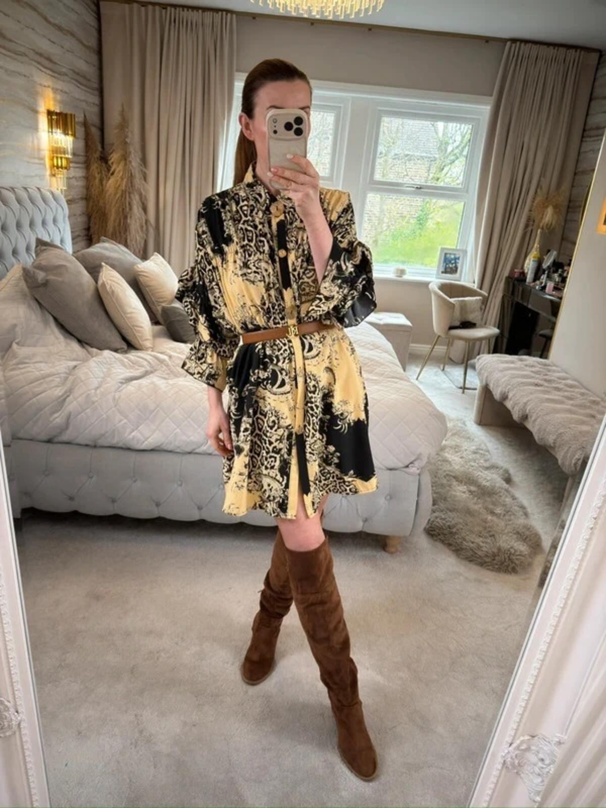 Cherry Koko Cream & Black Animal Print Shirt Dress S/M