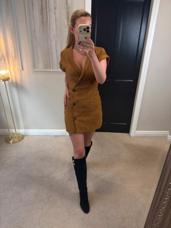 Brown Faux Suede Button Mini Dress Small
