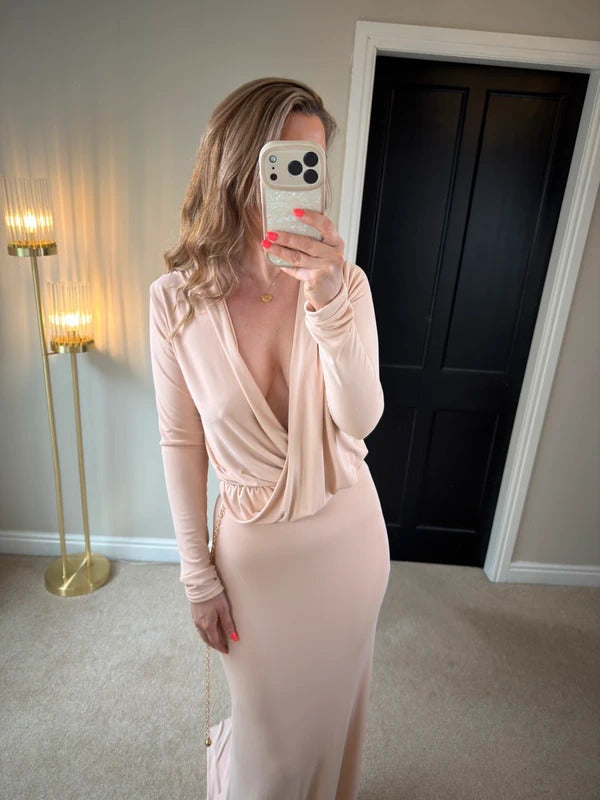 Gorgeous Couture Light Pink / Nude Plunge Dress Small