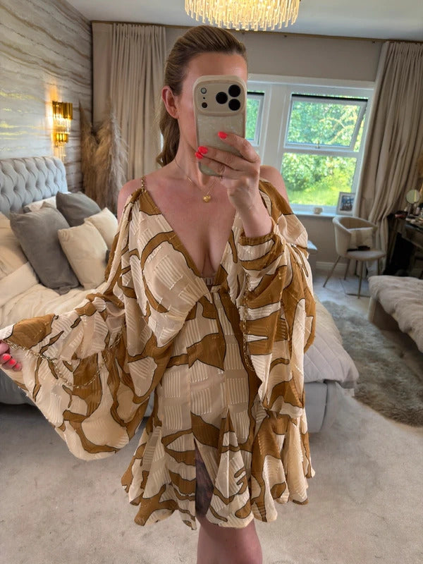 ASOS Beige & Brown Boho Gold Chain Open Back Mini Dress 10